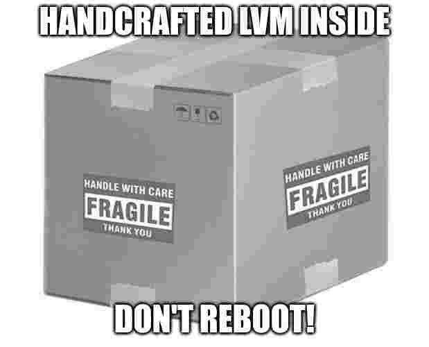 bad meme whoch shows a fragile delivery box. text says "handcrafted LVM inside, don't reboot!"