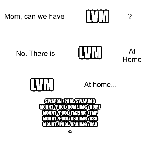 Mom, can we have LVM at home ? No, there is LVM at home. LVM at home... swapon /pool/swap.img; mount /pool/home.img /home; ...